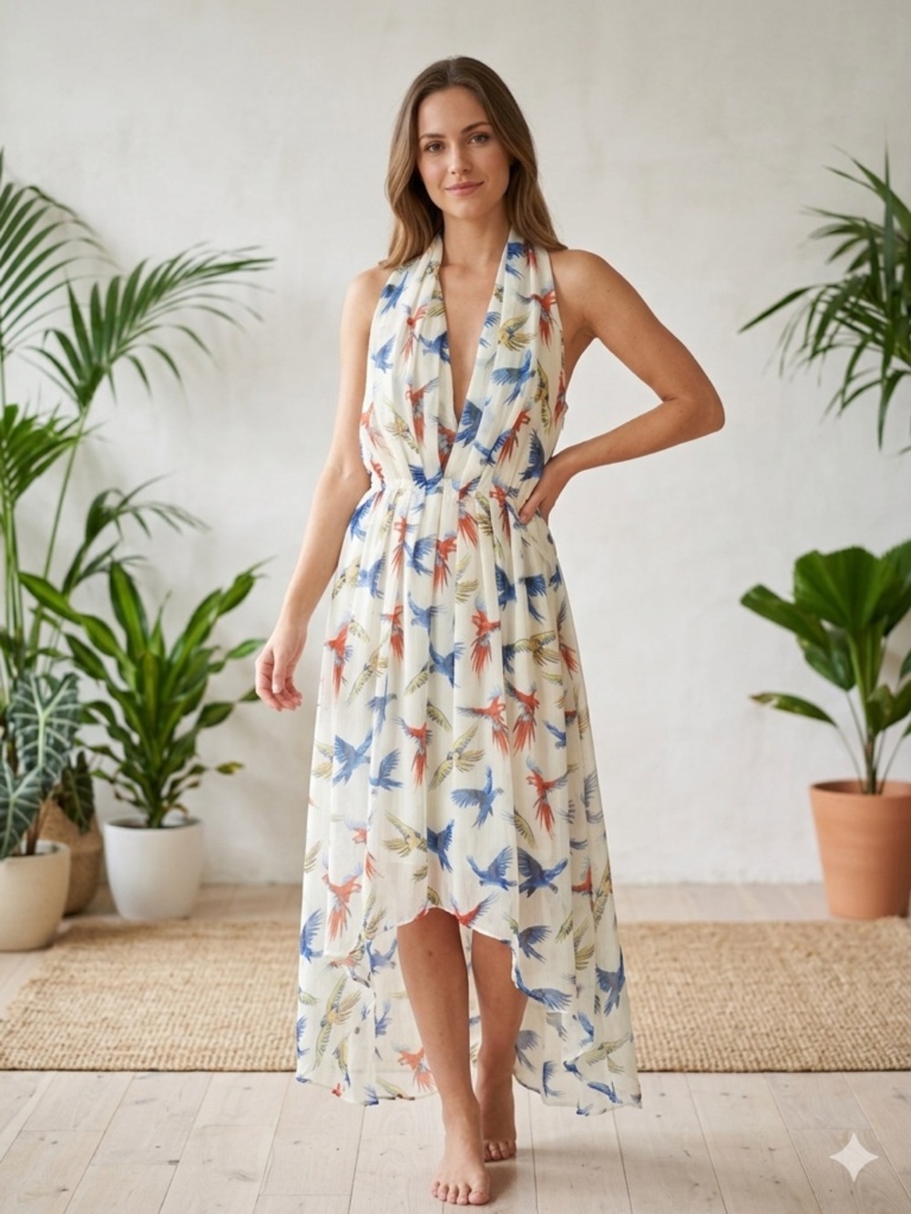 Molly Bracken Premium Parrot Bird Print Halter Maxi Dress High Low Chiffon S NWT
